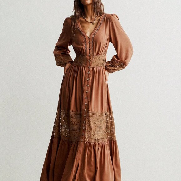 Boho Beauty Brown Casual Women's V Neck Lace Trimmed Maxi Dress - Picture 7 of 10